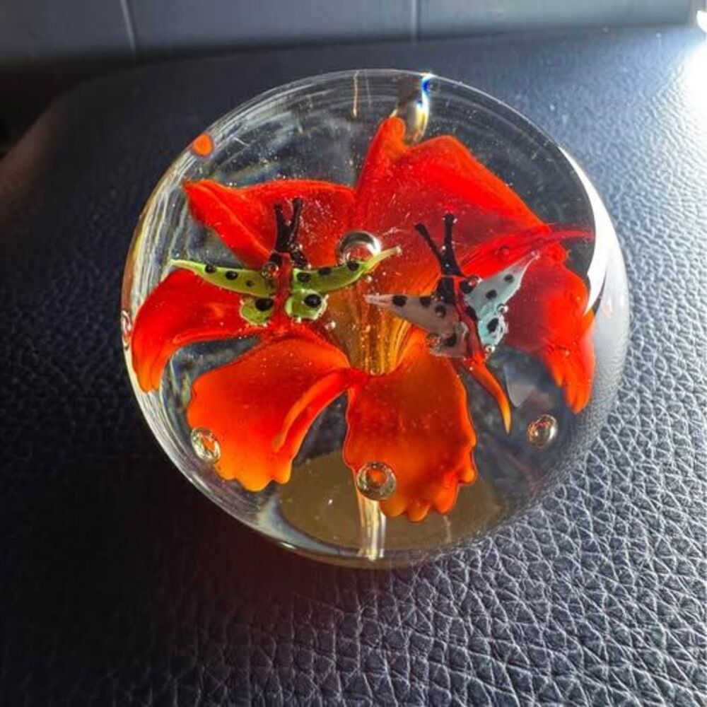 Glass Paperweight with Red Flower and Butterflies